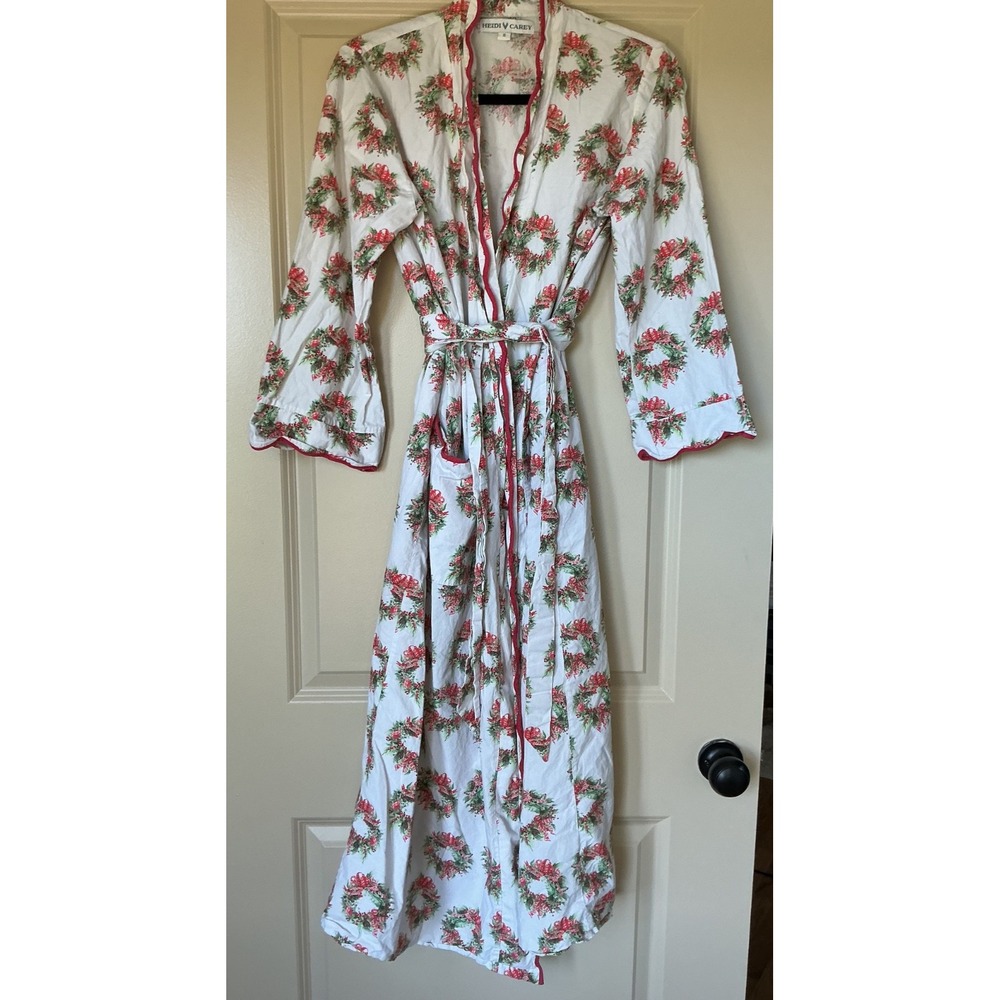 Heidi Carey Scalloped Cotton Robe Fleece Lined Holiday Wreaths Small Gorgeous!